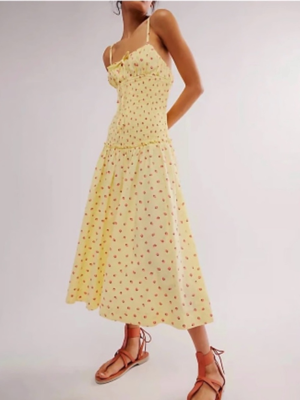 Free People Lavender Daze Dress Yellow and Pink Strawberry Midi Drop‎ Waist Sz S